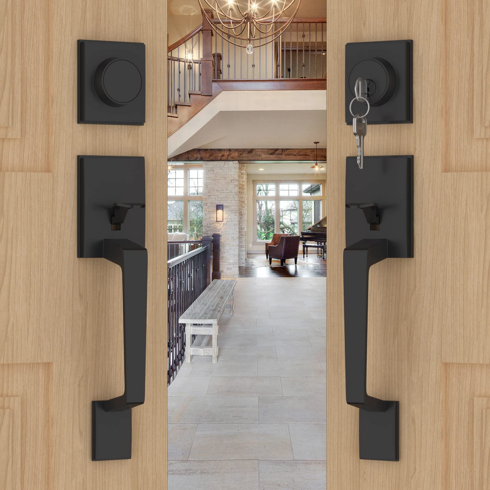 GoldenWarm Matte Black Double Front Door Lock Set with Reversible Handle Lever - Modern Double Door Handle Set with Dummy for Enhanced Security | Perfect for Homes, Offices & Entry Doors