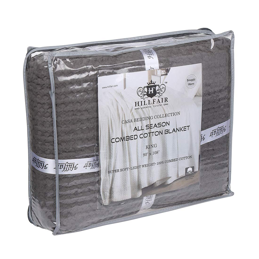 HILLFAIR 100% Combed Cotton King Size Blanket – Soft, Breathable & Lightweight for All Seasons – Waffle Weave Grey Bed Blanket for Home Decor – Perfect for Summer, Winter & Cozy Nights