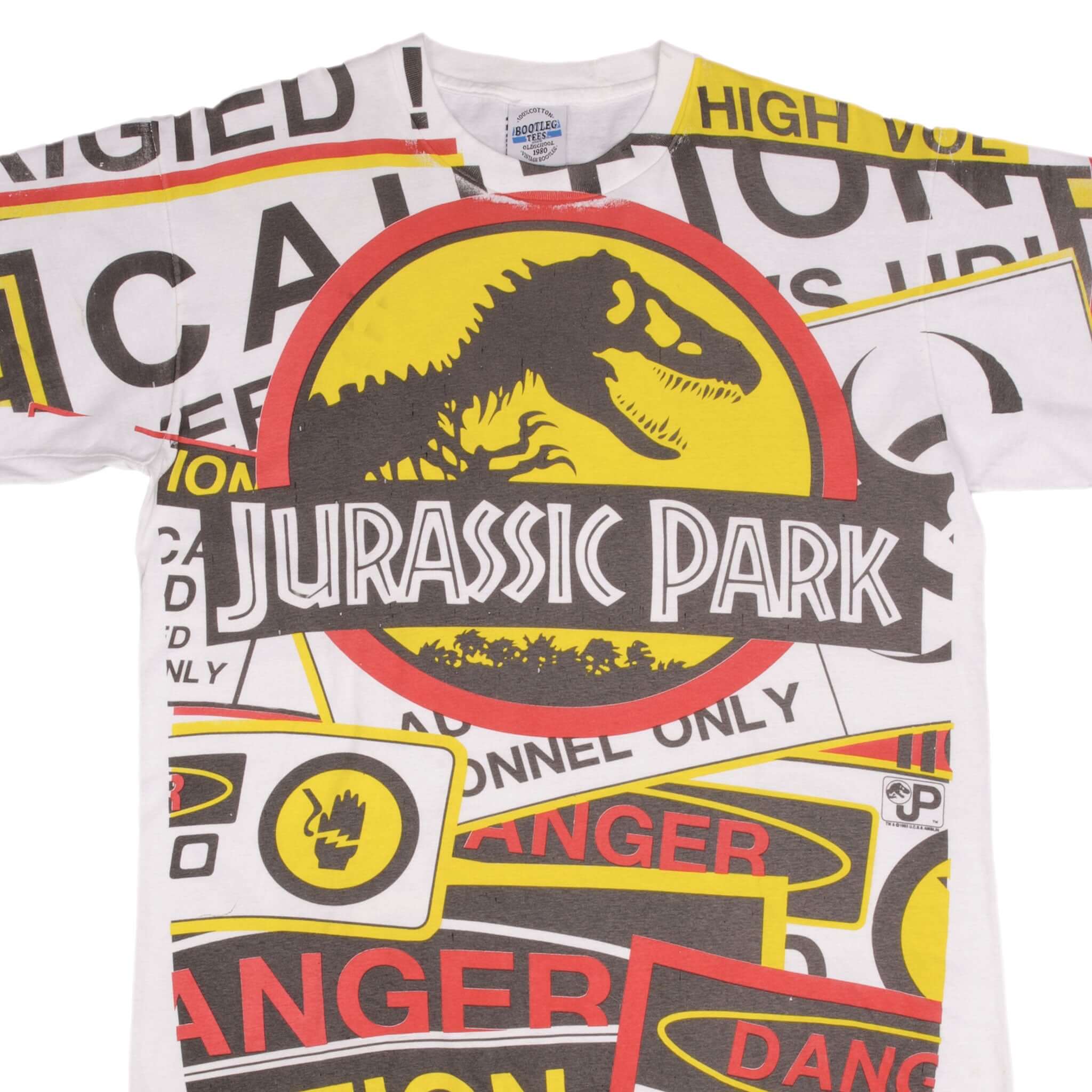 Vintage 1993 Jurassic Park All Over Print T-Shirt - Large Size, Single Stitch - Perfect for Movie Fans & Retro Fashion Enthusiasts