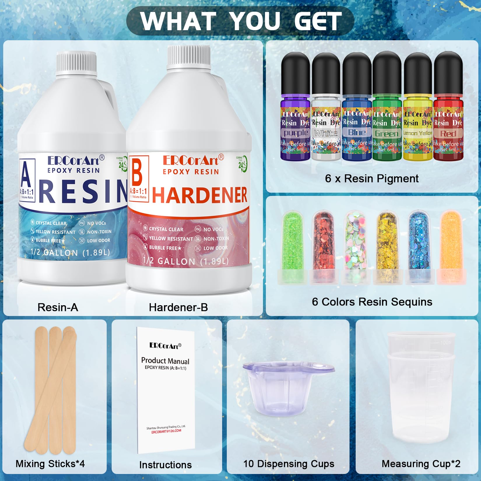 1 Gallon Clear Epoxy Resin Kit with Pigment & Glitter - Self-Leveling 1:1 Casting Resin & Hardener for River Tables, Jewelry Making, Mold Casting - Perfect for DIY Art Projects, Home Decor, and Crafting Supplies