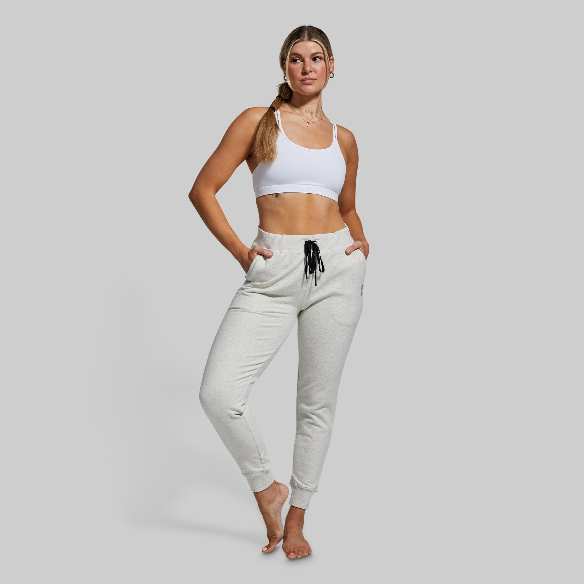 Women's Comfortable High-Waisted Jogger Pants - Soft Heather White Fleece Lounge Pants for Yoga, Running & Casual Wear