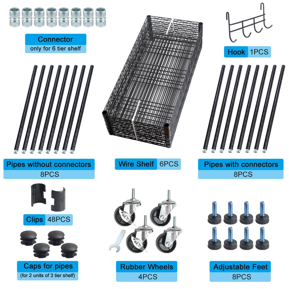 Clucycia 2-in-1 Adjustable 6-Tier Wire Shelving Unit - Convertible to 3-Tier Shelves (29.52