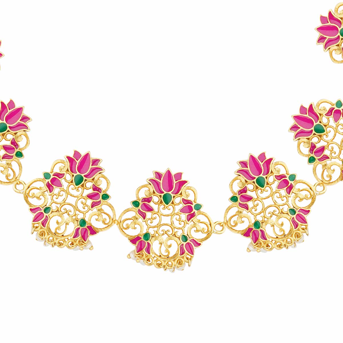 Poet's Delight Pink Enamel Lotus Maatha Patti Headpiece - Elegant Indian Bridal Jewelry for Weddings & Festive Occasions