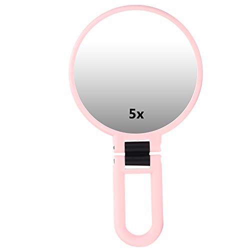 5X Magnifying Folding Mirror - Adjustable Portable Makeup Mirror with 5x Magnification for Travel, Tweezing & Cosmetics | Compact Handheld Vanity Mirror for Home, Salon & On-the-Go Use (Pink)