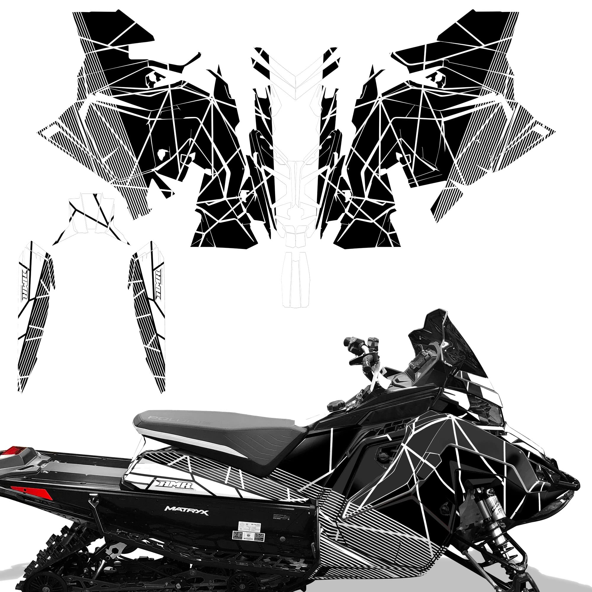 AMR Racing Snowmobile Full Graphics Kit Sticker Decal for Polaris Matryx Indy Assault 2020 - Geometric White Black Design | High-Quality Vinyl Decals for Trail Riding & Winter Sports