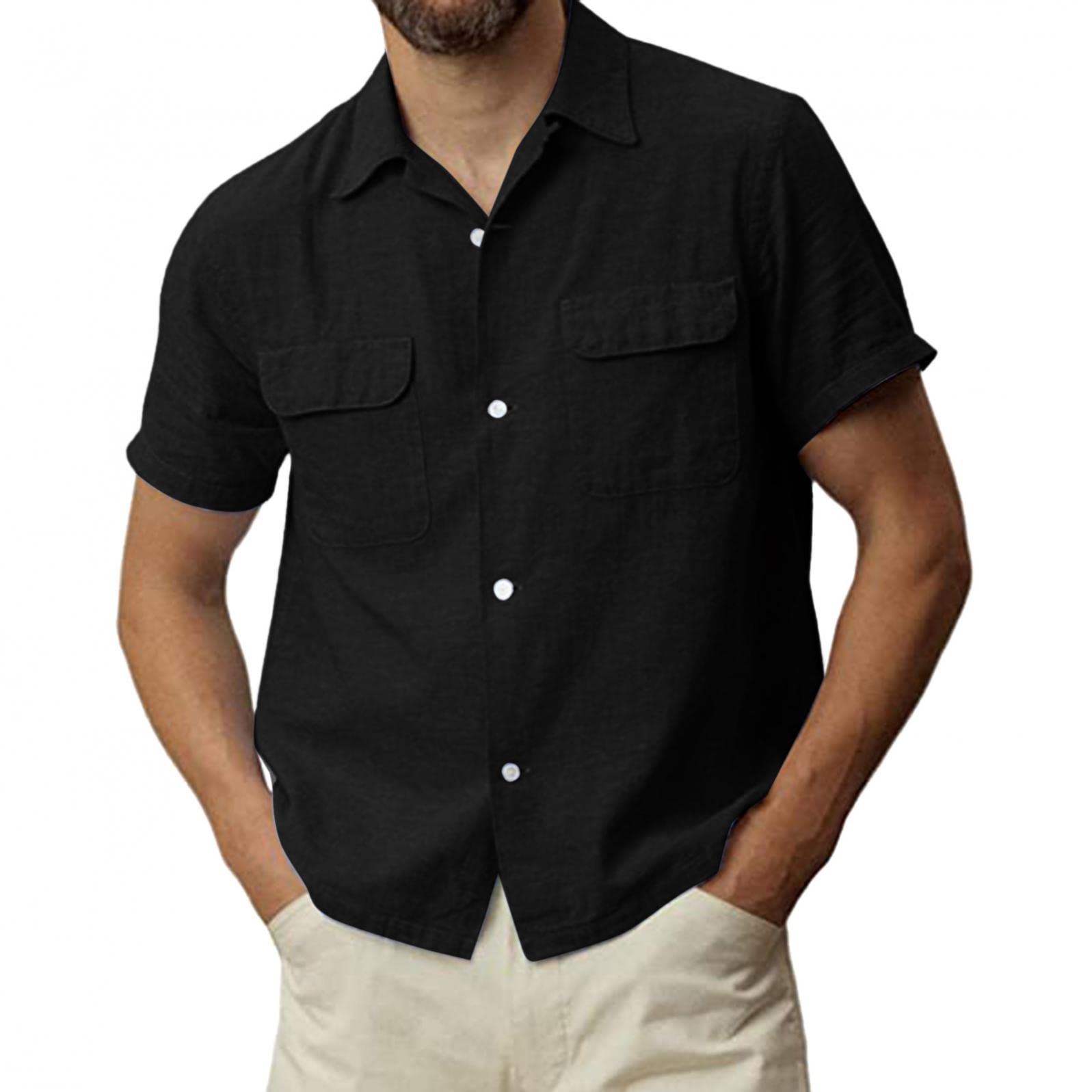 **Men's Fishing Shirts - Breathable Cotton Linen Short Sleeve Hawaiian Shirt with Pockets | Casual Button-Down Beach Top for Outdoor & Summer Activities**