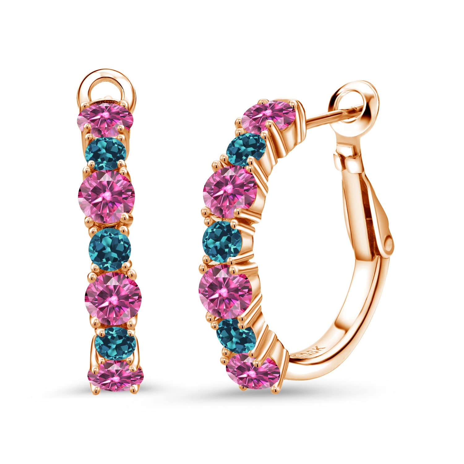 18K Rose Gold Plated Silver Hoop Earrings with Pink Moissanite & London Blue Topaz (2.62cttw) - Elegant Round Gemstone Earrings for Women, Perfect for Weddings, Parties & Everyday Wear