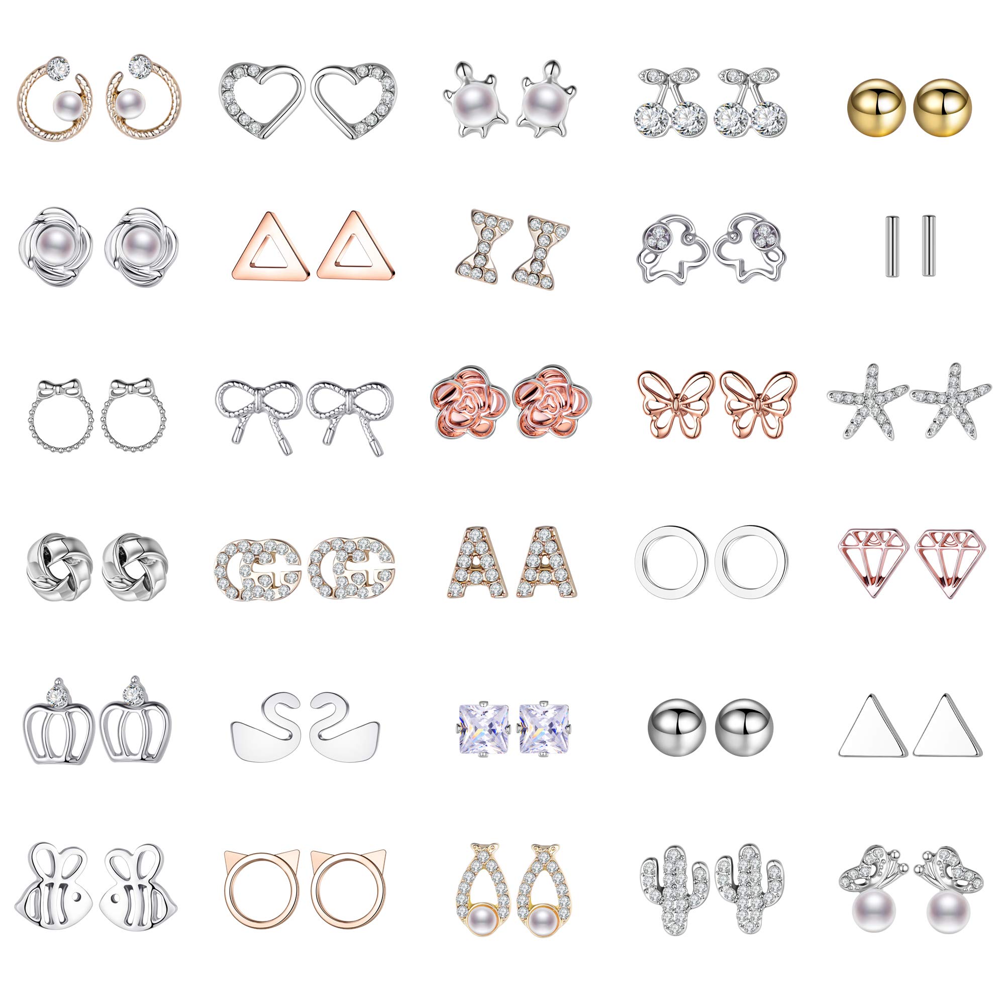 Aganippe 12/30 Pairs Assorted Stainless Steel Stud Earrings Set - Mini Hoop, Animal, Pearl, Crystal & Geometric Stud Earrings for Women & Teen Girls | Heart, Cat & Cute Designs | Perfect Gift for Birthdays, Parties & Everyday Wear