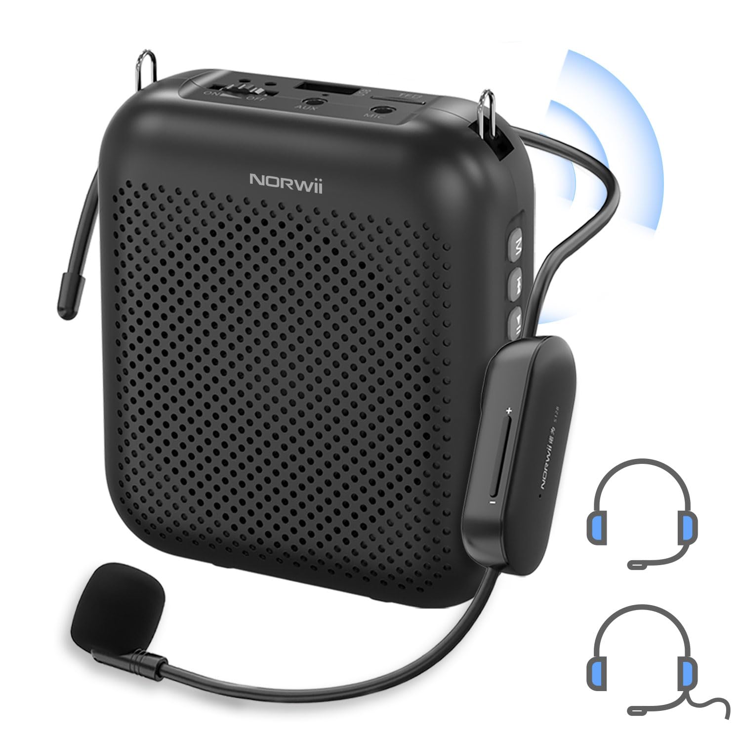 Norwii Wireless Voice Amplifier with Bluetooth - 4000mAh Rechargeable Portable Speaker & 2 Headset Mics for Teachers, Meetings, Presentations | Classroom, Outdoor Tours & Public Speaking (Black)