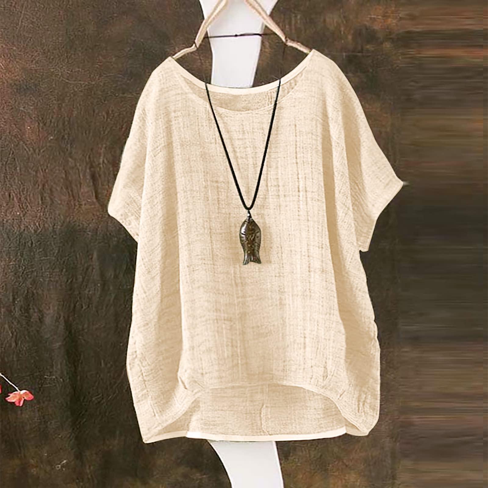 2024 Women's Linen Shirts - Crew Neck Short Sleeve Loose Fit Casual Blouse | Comfy Crop Top for Summer, Beach, Travel & Everyday Wear