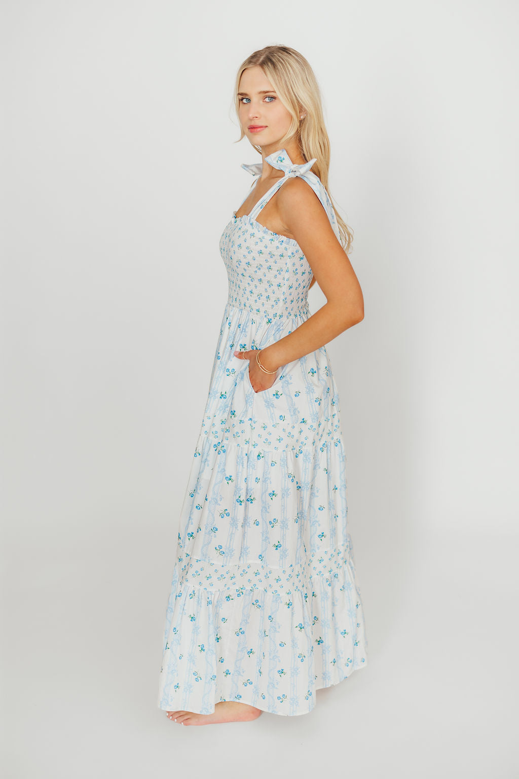 Kathryn Floral Print Tie Shoulder Maxi Dress - Ivory & Blue Floral Summer Dress for Women | Perfect for Beach Vacations, Weddings & Date Nights