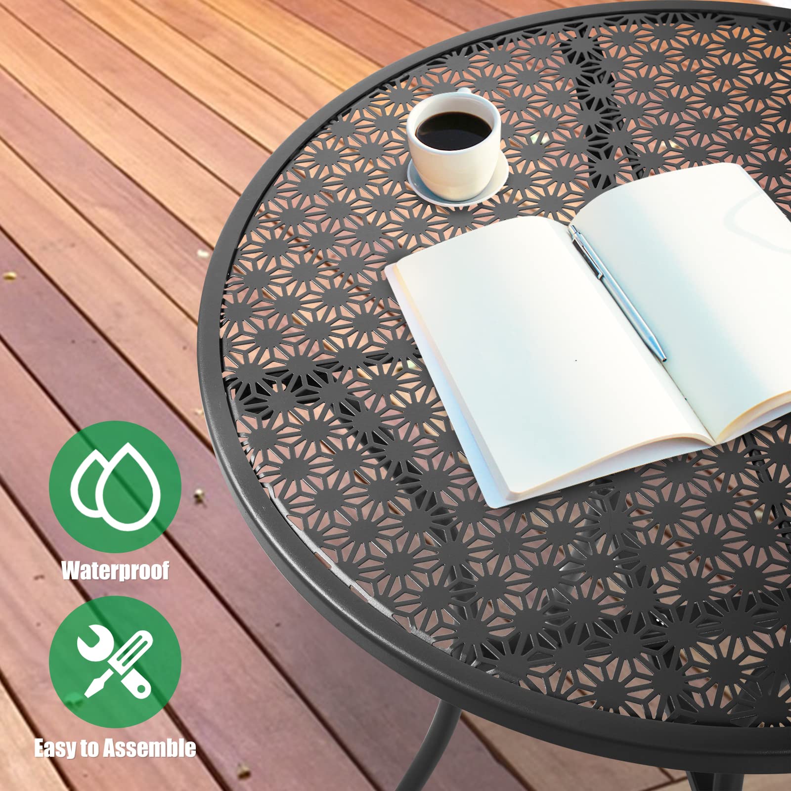 Black Steel Metal Round Outdoor Patio Coffee Table - Durable Garden, Deck, Poolside Furniture for Relaxing & Entertaining