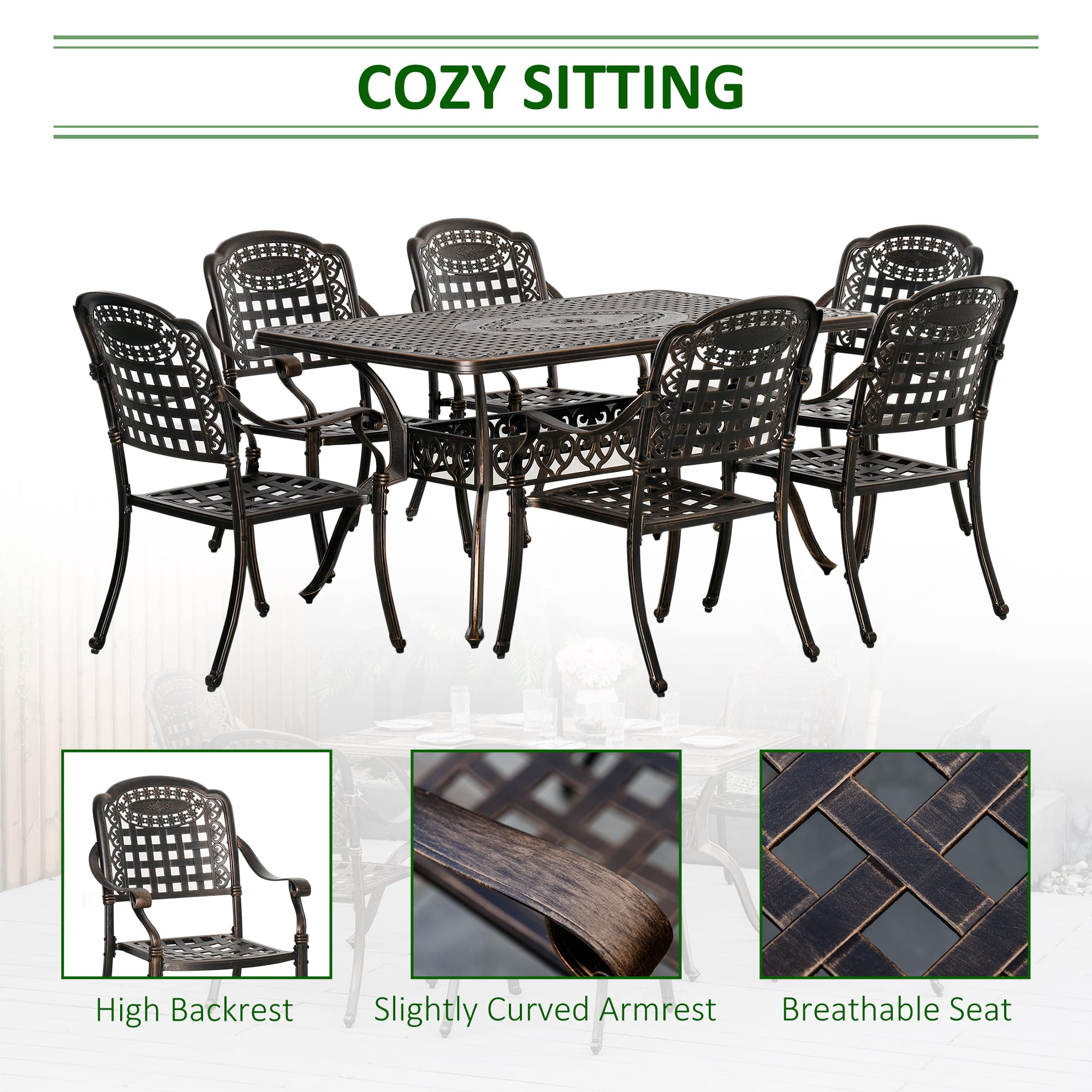Outsunny 7-Piece Patio Dining Set - Durable Cast Aluminum Outdoor Furniture with 6 Armchairs & 1 Table, Bronze Finish with Umbrella Hole - Perfect for Backyard, Garden, Poolside & Outdoor Entertaining