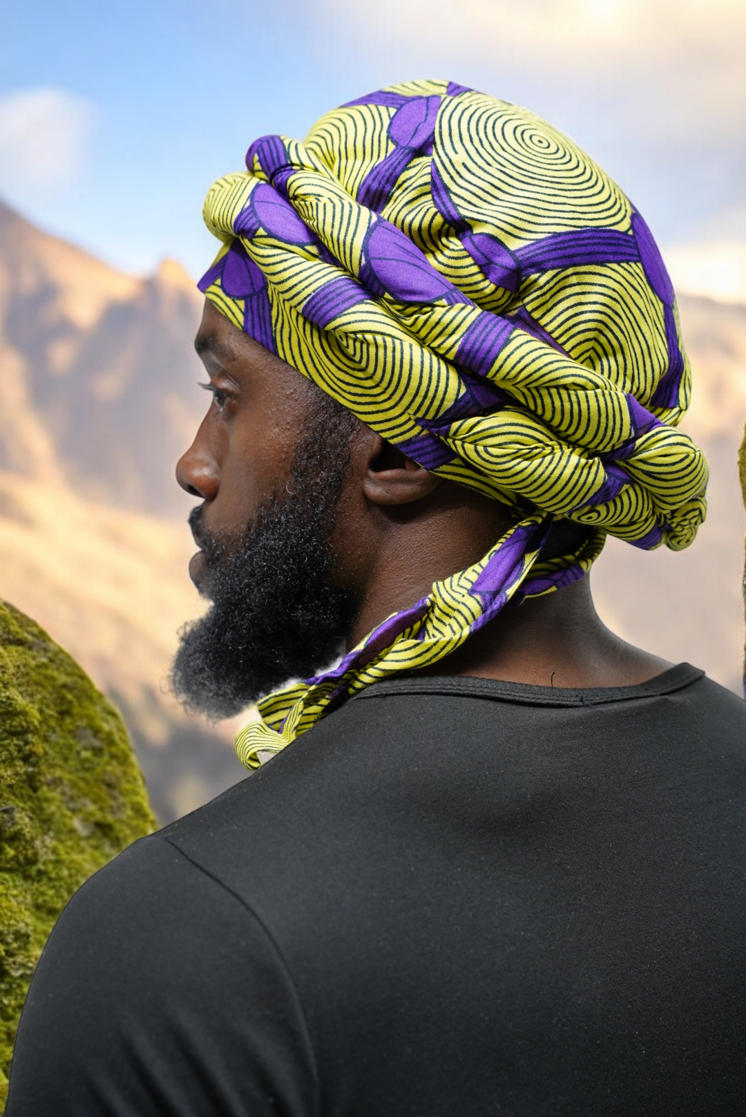 Dupsie's Pre-Wrapped Okiki Purple and Yellow African Print Turban DPH3775PT - Stylish Headwrap for Women, Perfect for Church, Weddings & Cultural Events