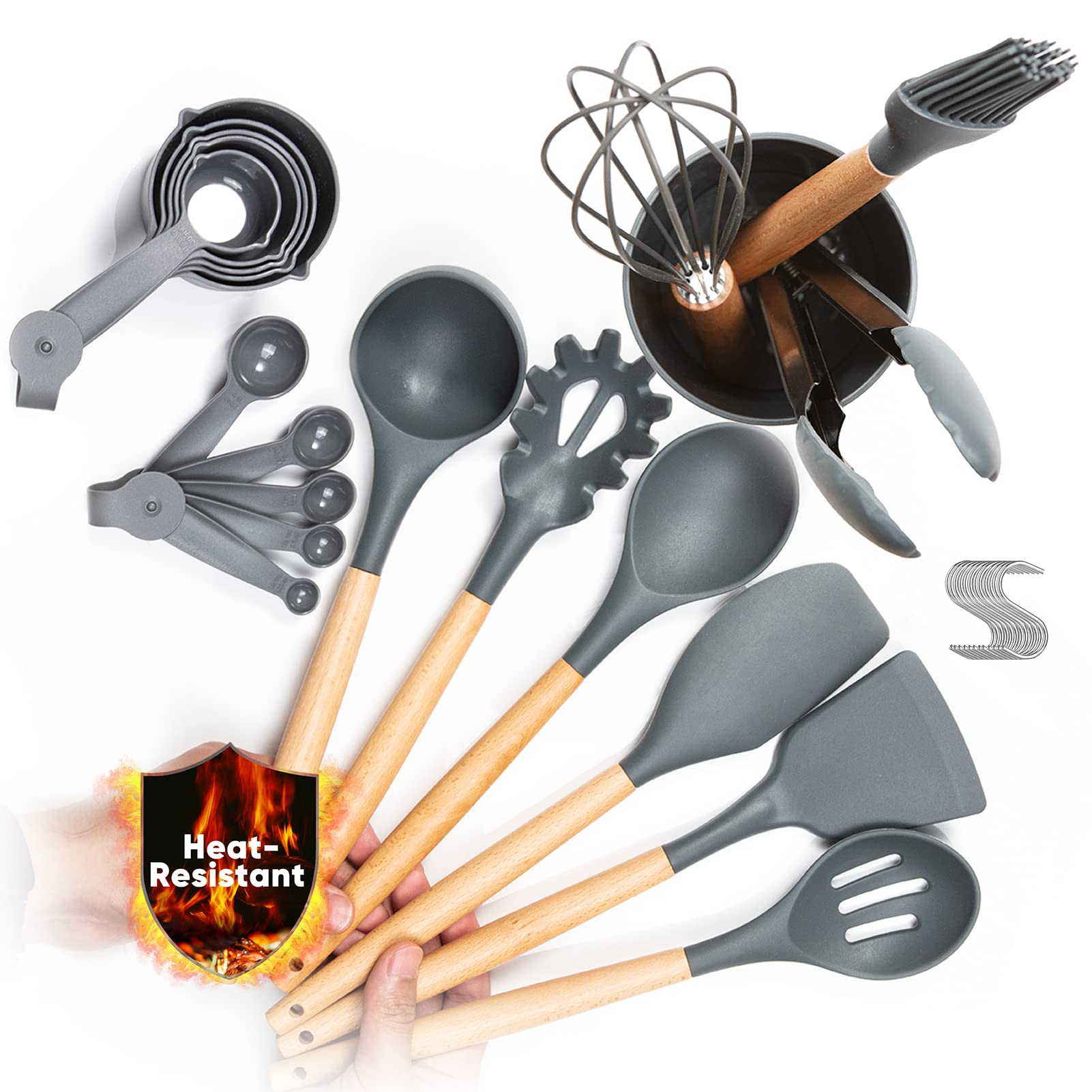 12-Piece TREBLEWIND Silicone Kitchen Utensil Set with Wooden Handles - Heat Resistant Up to 446°F - Non-Scratch Spatulas for Nonstick Cookware - Dishwasher Safe & Easy to Clean (Grey) - Perfect for Cooking, Baking, Frying & Serving