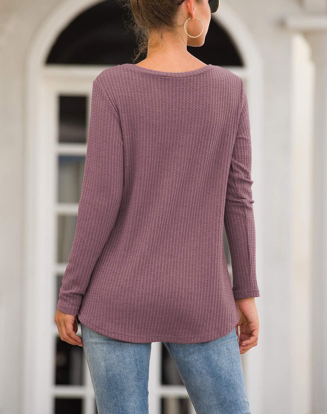 Women's Casual Long Sleeve Twist Knot Waffle Knit Shirt - Loose Blouse Top for Women | Cute & Comfortable Fall Fashion | Perfect for Work, Date Night & Weekend Outfits