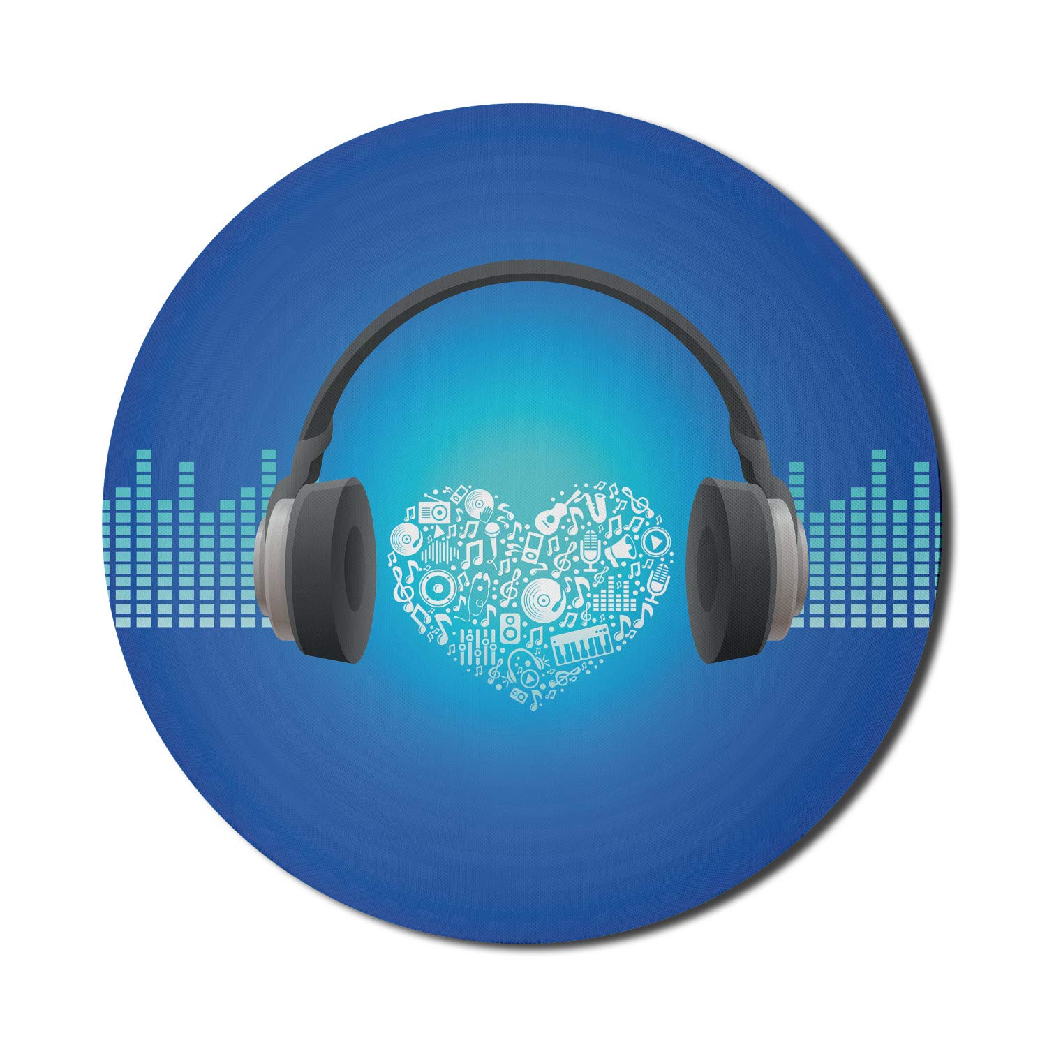 Ambesonne Round Music Themed Non-Slip Mouse Pad - 8 Inch Thick Rubber Gaming Mousepad with Headphones & Heart Design on Geometric Background (Royal Blue/Grey) - Perfect for Computer, Office, and Gaming Setups