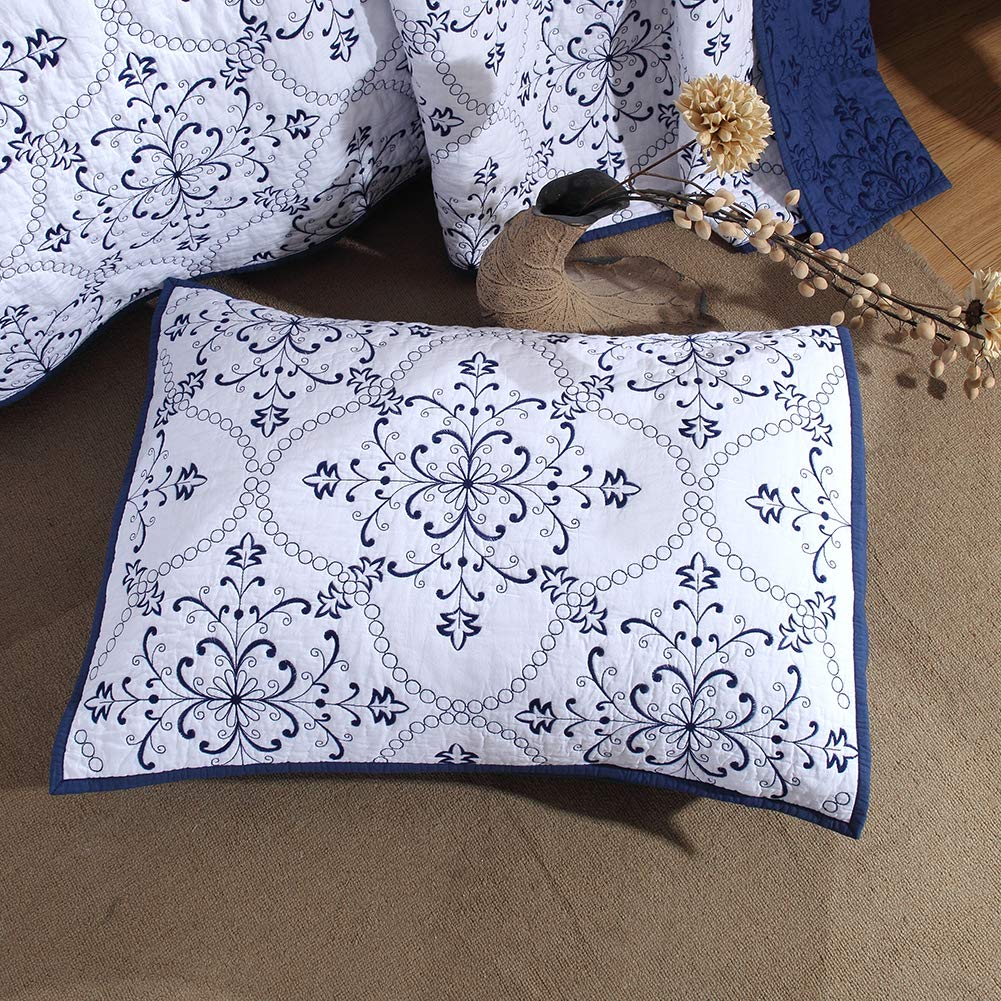 VCTOPS 3-Piece Queen Size Embroidered Floral Quilt Set - 100% Cotton Reversible Bedspread with 2 Pillow Shams, Soft Lightweight Coverlet (Blue, 88