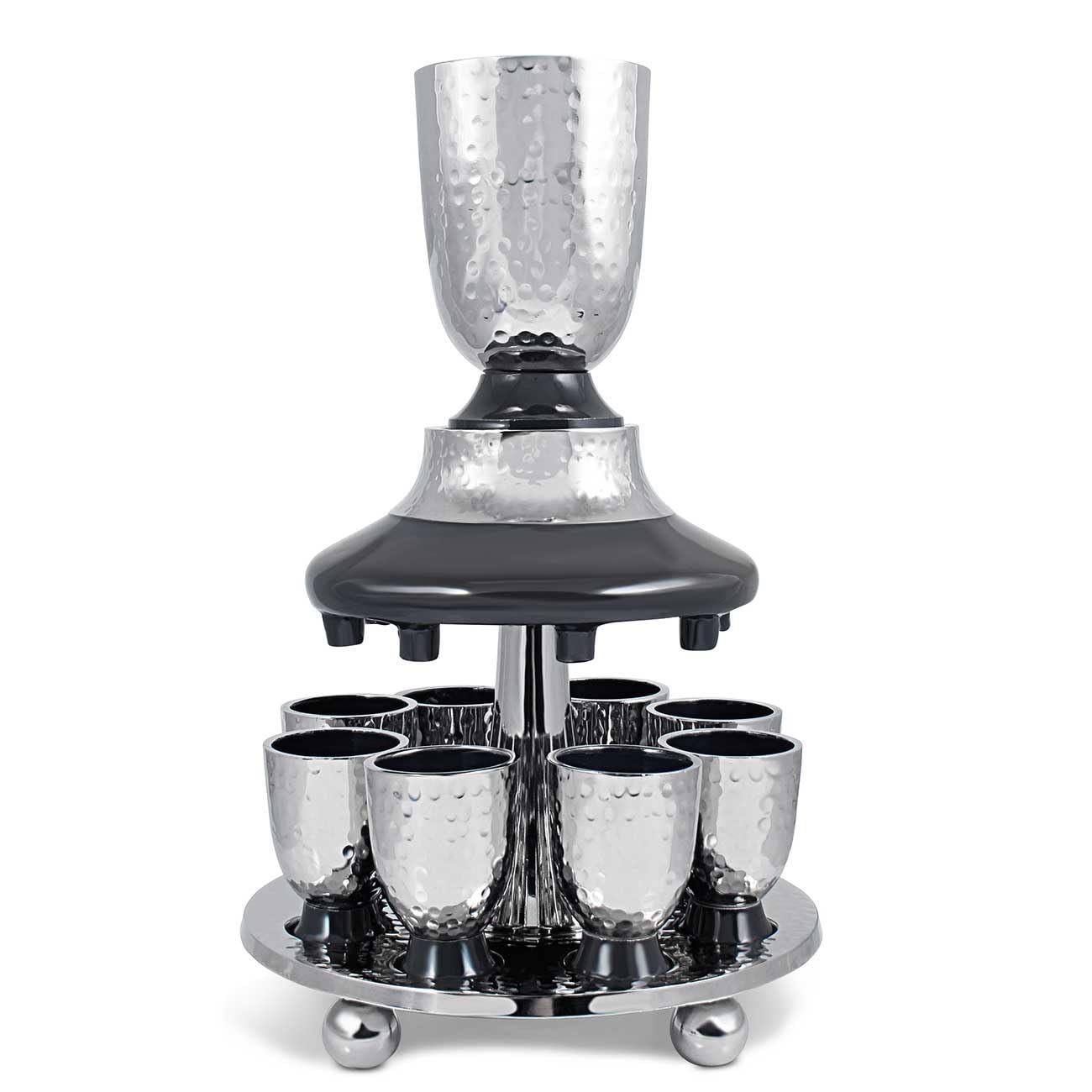 Elegant Hammered Metal Kiddush Cup Wine Fountain Set with Enamel Detailing - Large Goblet & 8 Matching Shot Cups - Perfect for Shabbat, Passover, Jewish Holidays & Wedding Gifts - Zion Judaica Grey Judaica Set for Home Celebrations & Religious Ceremonies