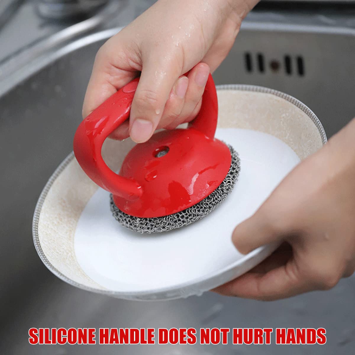 316 Stainless Steel Cast Iron Scrubber with Handle - Heavy Duty Chainmail Scrubber for Pots, Pans, Bakeware & Grills - Rustproof Steel Wool Alternative for Kitchen Cleaning & Outdoor BBQ Maintenance