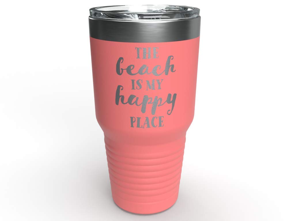 Fringekreative Stainless Steel Wine Tumbler 30oz - Funny 'The Beach is My Happy Place' Insulated Travel Mug with Lid - Custom Coffee Cup for Dad, Mom & Best Friends - Perfect for Beach Trips, Office & Outdoor Adventures (Coral Color)