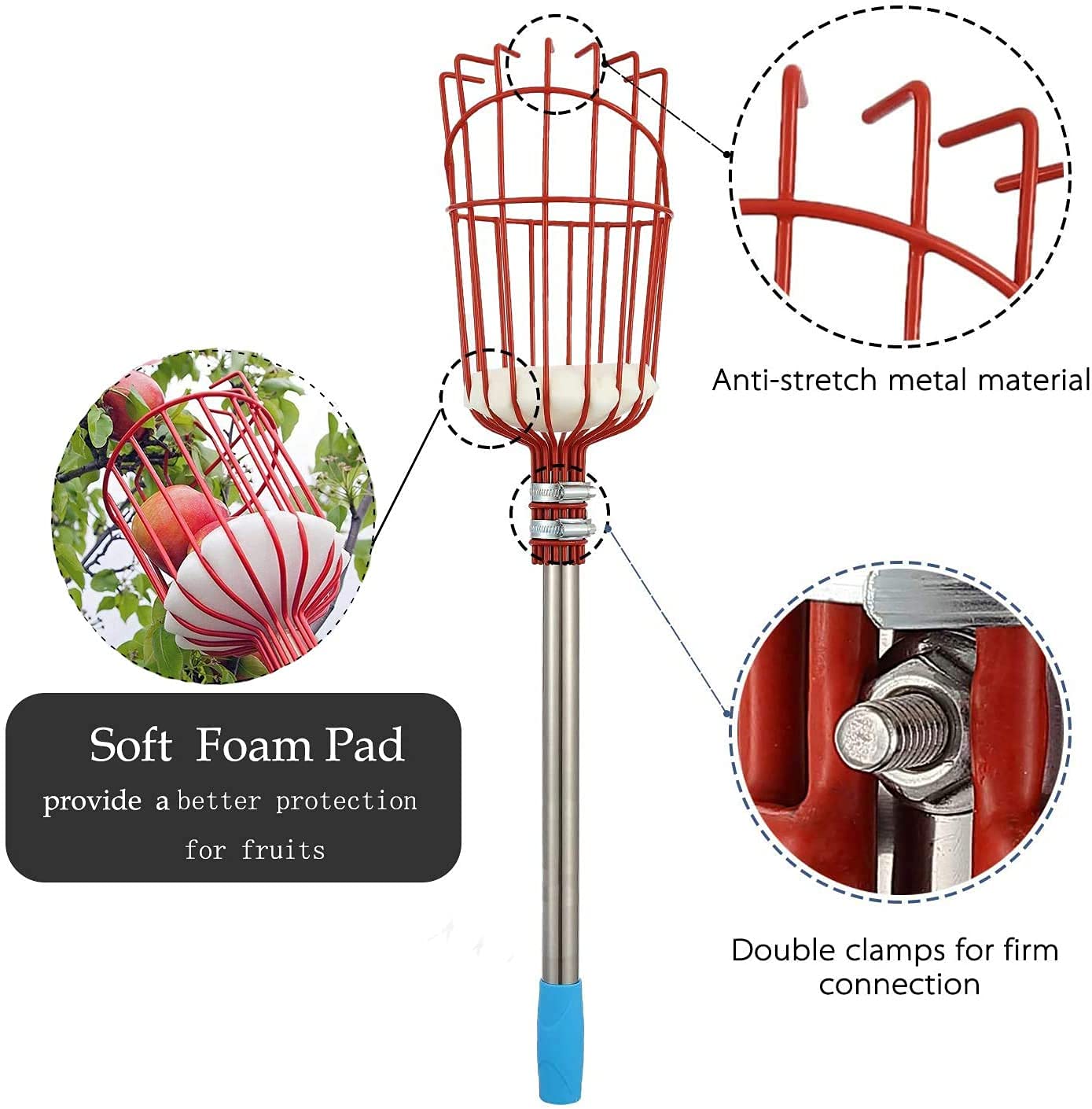HOSKO 10FT Lightweight Stainless Steel Adjustable Fruit Picker with Twist-on Basket - Perfect for Harvesting Apples, Pears, Lemons, Mangoes, Guavas, Oranges & Avocados - Ideal for Home Garden, Orchard and Farm Use