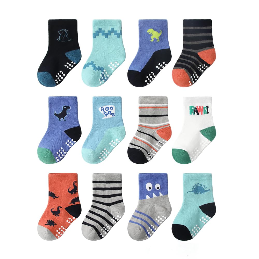 12 Pack Non-Skid Baby Toddler Boys Socks with Anti-Slip Grips - Soft Cotton Crew Socks with Dinosaur Designs for Infants 1-3 Years - Perfect for Playtime, Daycare & First Steps