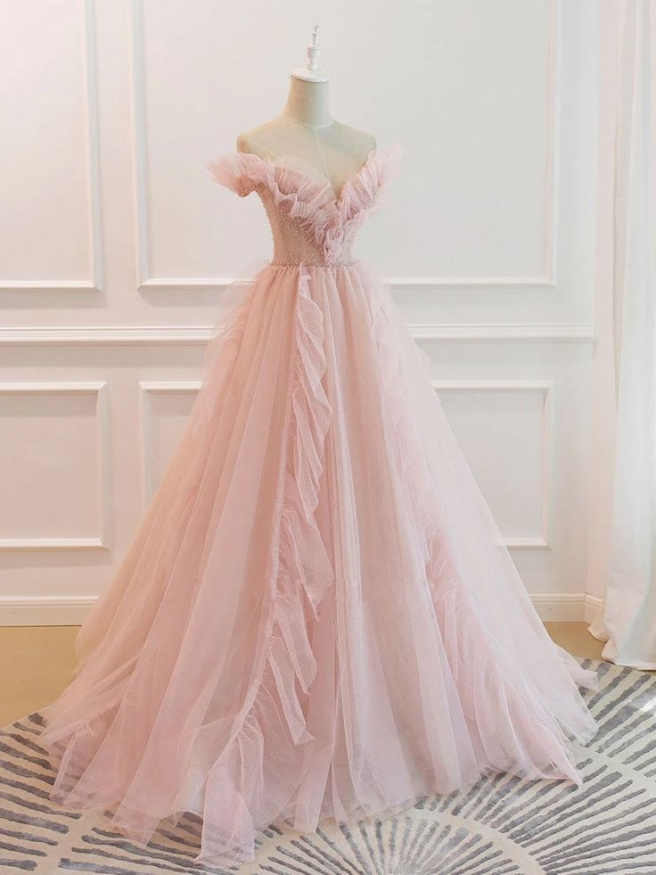 Elegant Off the Shoulder Pink Tulle Long Prom Dresses J4398 - Formal Evening Gown for Homecoming, Quinceañera & Special Occasions