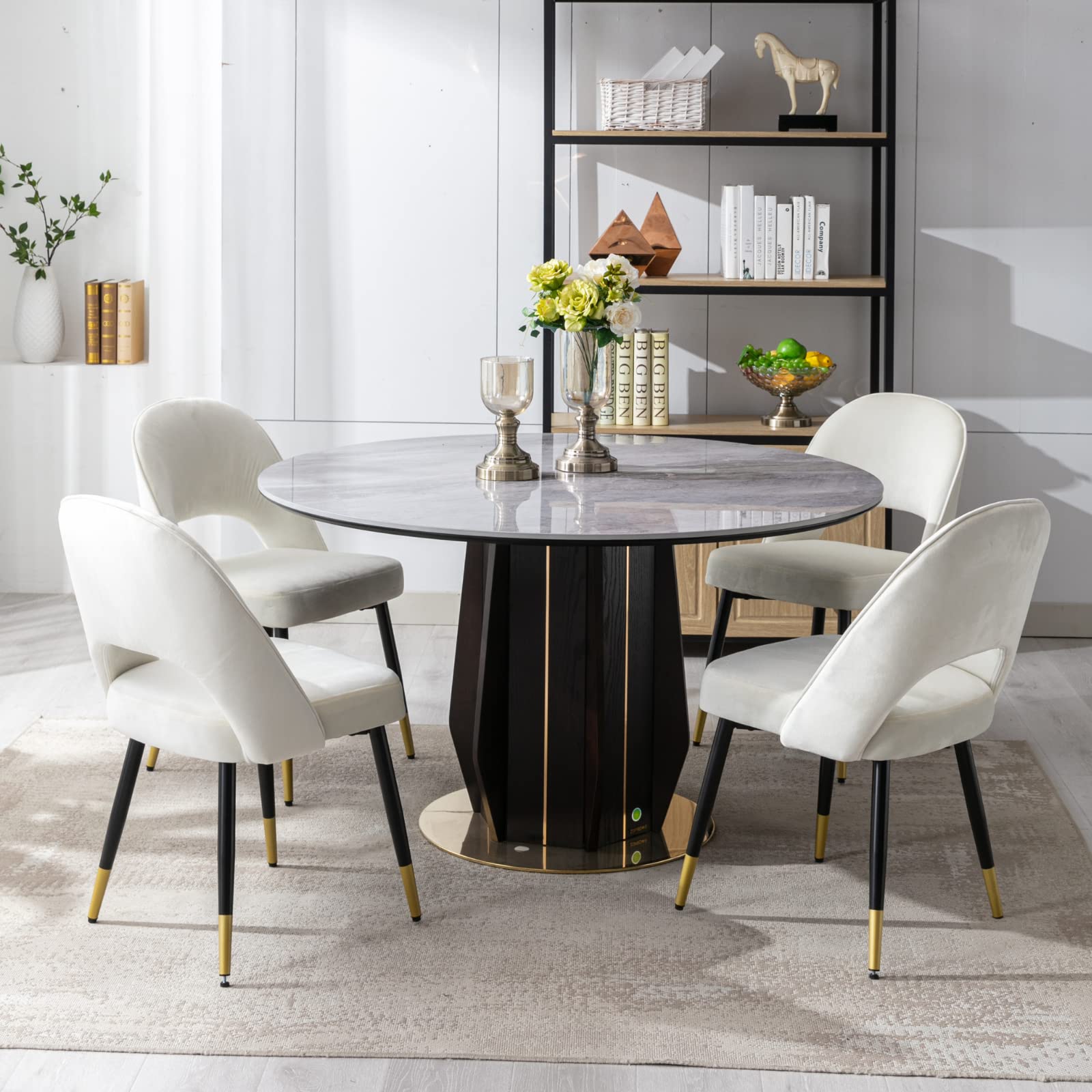 LukeAlon Classic Velvet Dining Chairs Set of 4 - Mid Century Modern Upholstered Armless Side Chairs with Open Back & Metal Legs for Kitchen, Dining Room - Beige Velvet Seating for Home Decor & Entertaining