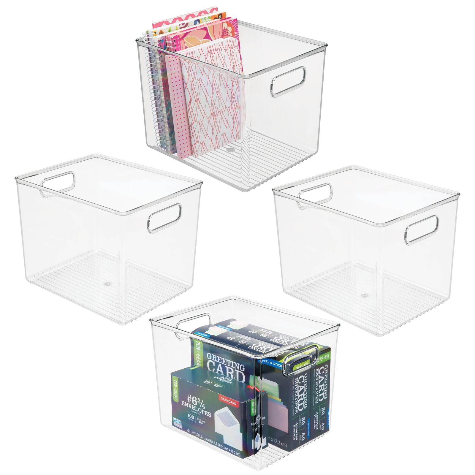 mDesign Tall Deep Rectangular Plastic Office Supplies Storage Organizer Bin with Carrying Handles - Perfect for Organizing Pads, Pens, Pencils, Dry Erase Markers, Highlighters & Sticky Notes | Ligne Collection 4-Pack Clear | Ideal for Home Office, School & Workspace Organization