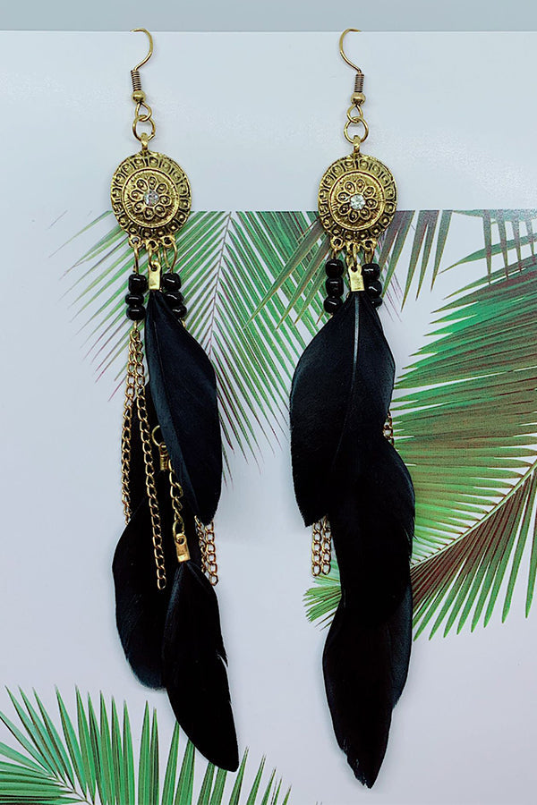 Vintage Chain Tassel Bohemian Feather Earrings for Women - Handmade Dangle Drop Earrings - Boho Chic Jewelry for Party, Festival, and Everyday Wear