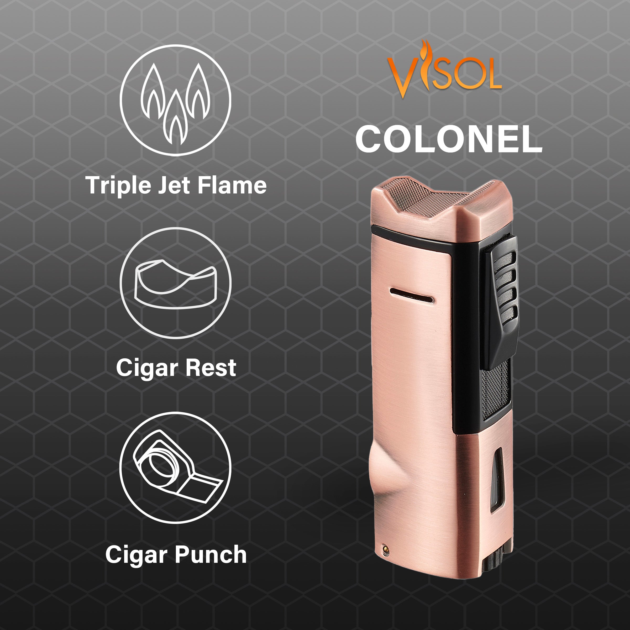 Visol Colonel Triple Flame Torch Lighter - Windproof Butane Lighter for Cigars, Candles & Outdoor Use (Bronze)