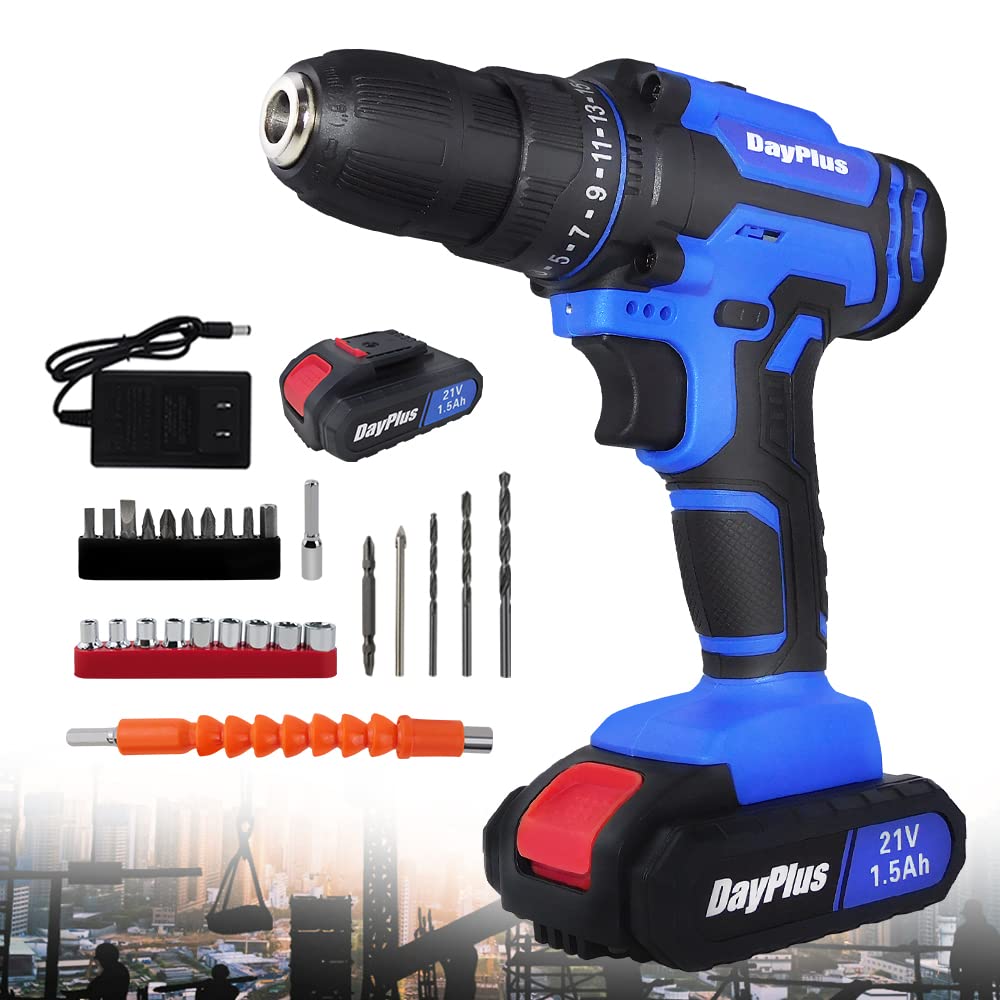 21V Cordless Power Drill Set with 2 Batteries & Charger - 400 In-lb Torque, 3/8