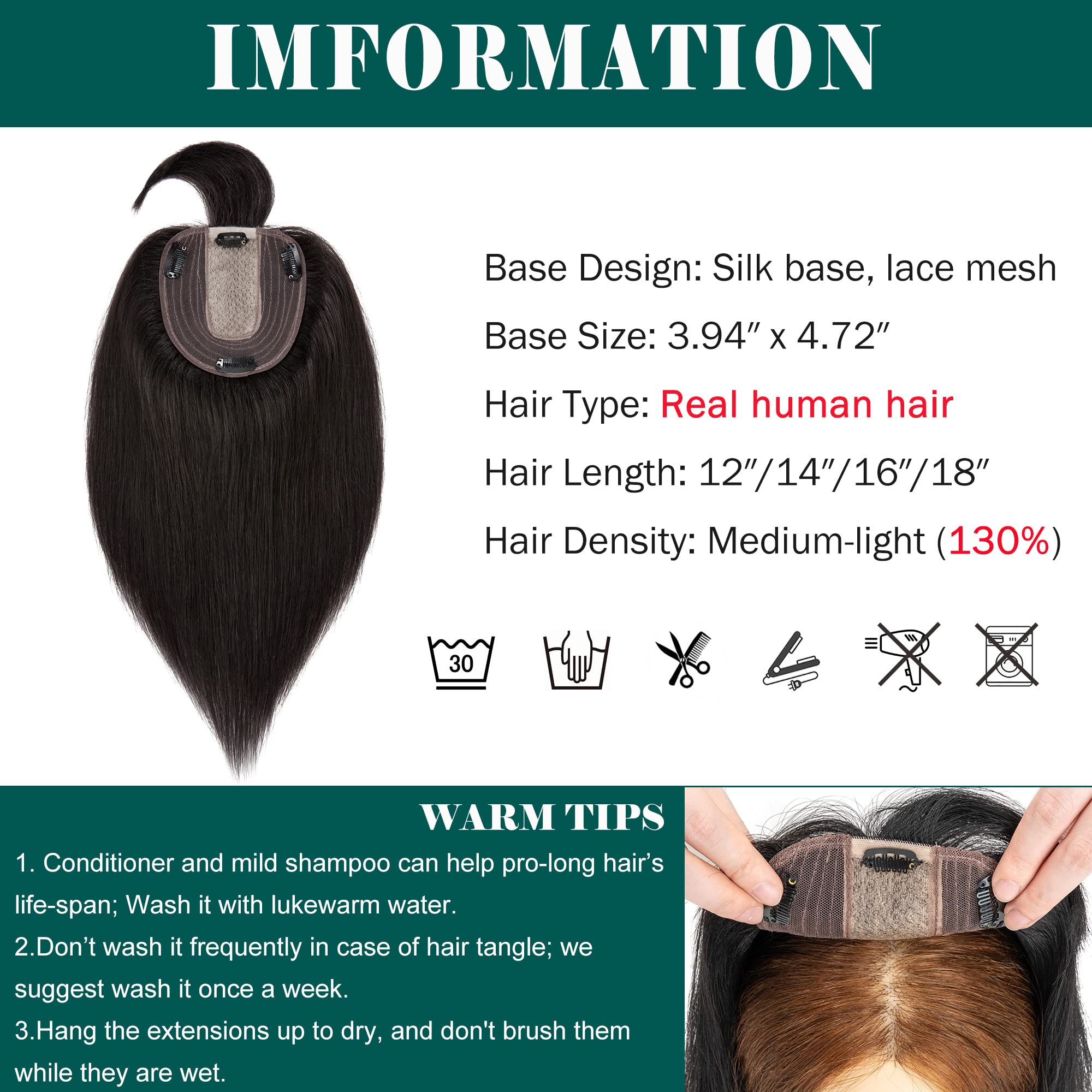 S-noilite 130% Density Human Hair Toppers with Bangs - Hand Tied Silk Base Clip-In Hairpiece for Women with Thinning Hair & Hair Loss - Natural Black 10 Inch 35g - Perfect for Daily Wear, Parties & Special Occasions