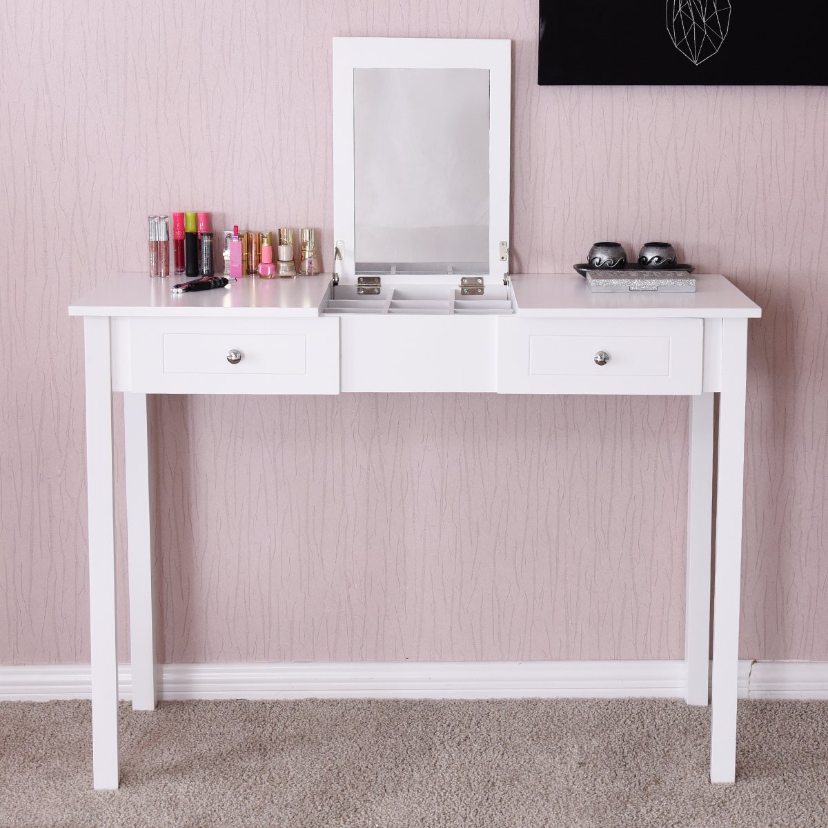 GOFLAME Vanity Table with Flip Top Mirror & 9 Organizers - Makeup Dressing Table with 2 Drawers for Cosmetics Storage - Sturdy White Writing Desk for Bedroom - Easy Assembly Beauty Station for Makeup Lovers & Home Office Use