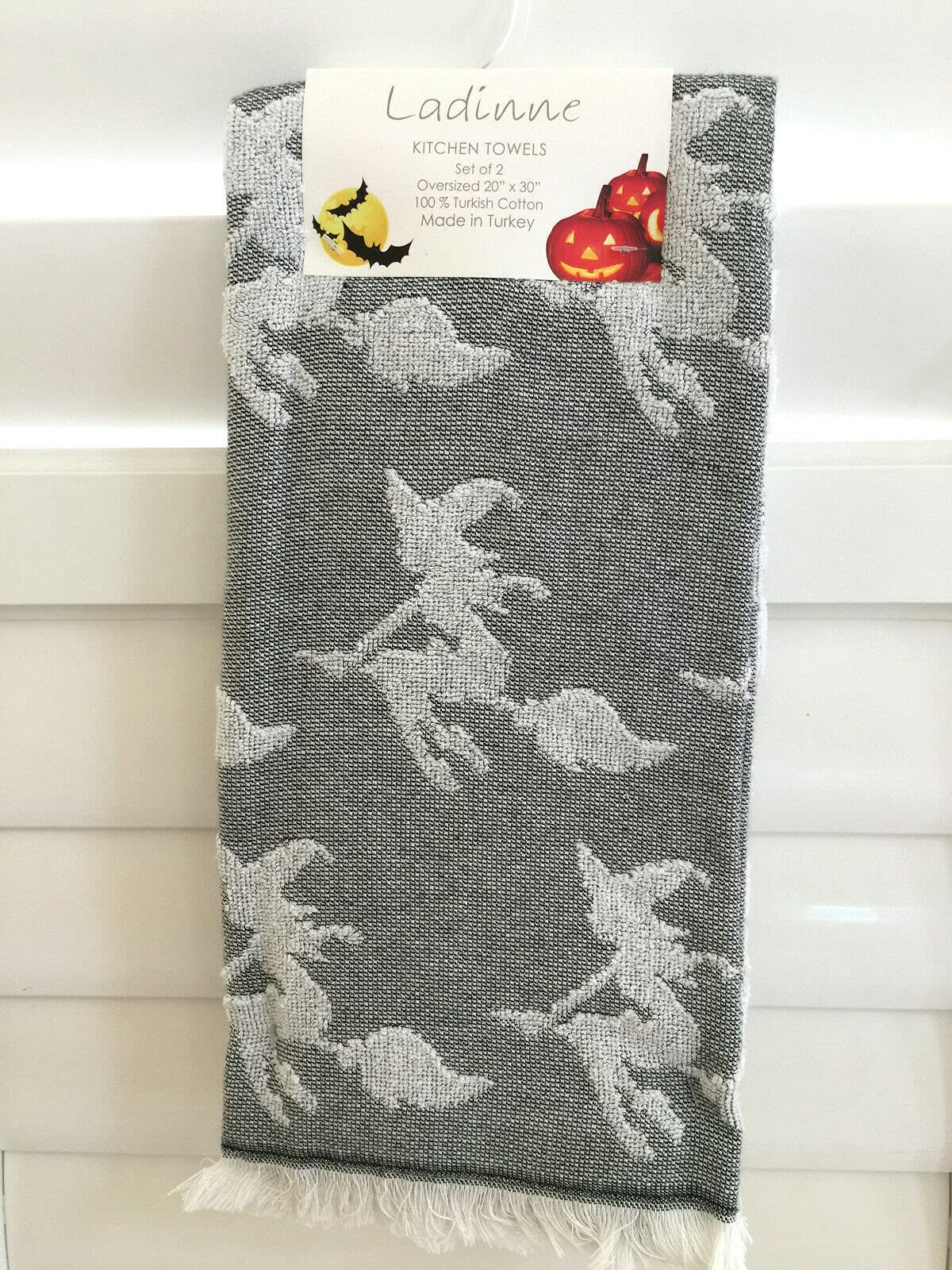 Premium 100% Cotton Halloween Witch Kitchen Towels Set of 2 - 20x30 Inches, Gray & White - Perfect for Holiday Decor, Kitchen Use & Gift Giving