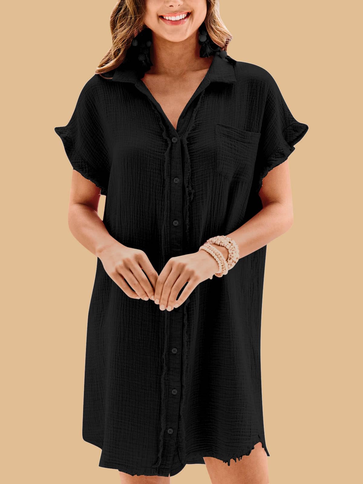 Women's Oversized Cotton Button Down Shirt - Short Sleeve Tunic Dress with Pockets | Beach Cover Up, Casual Blouse Top for Summer Outings & Vacation Wear