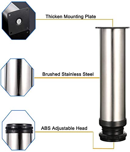 Adjustable Stainless Steel Furniture Legs 6Pcs - 18CM Kitchen Cabinet Sofa Bed Countertop Bar Desk Table Leveling Feet (5cm Diameter) - Perfect for Home Office, Living Room & Kitchen Furniture Leveling