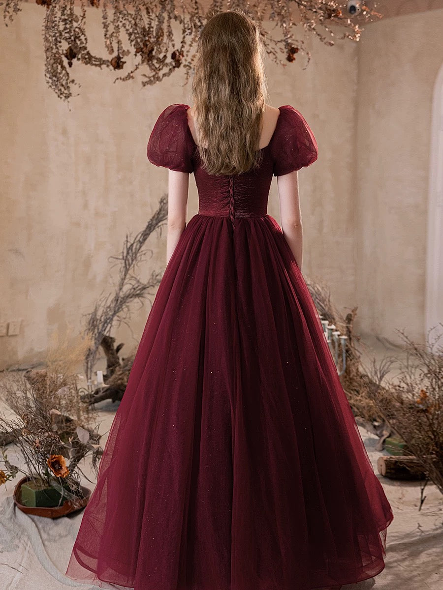 Elegant A-Line Puff Sleeves Tulle Burgundy Long Prom Dress - Formal Evening Gown for Homecoming, Ball & Special Occasions