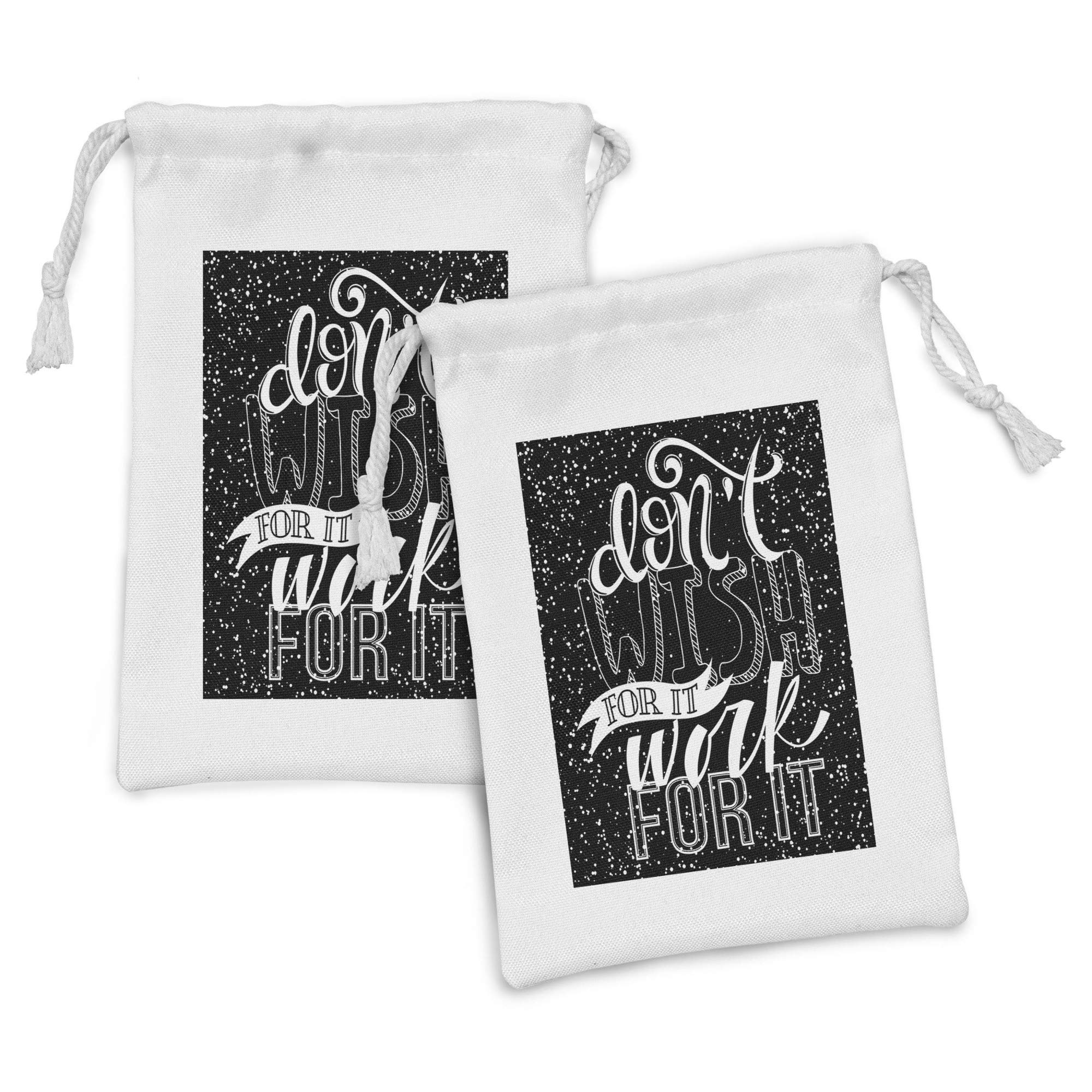 Ambesonne Motivational Fabric Pouch Set of 2 - 'Do Not Wish for It Work for It' Typographic Design with Polka Dots - Small Drawstring Bags for Toiletries, Makeup, Masks & Party Favors (9