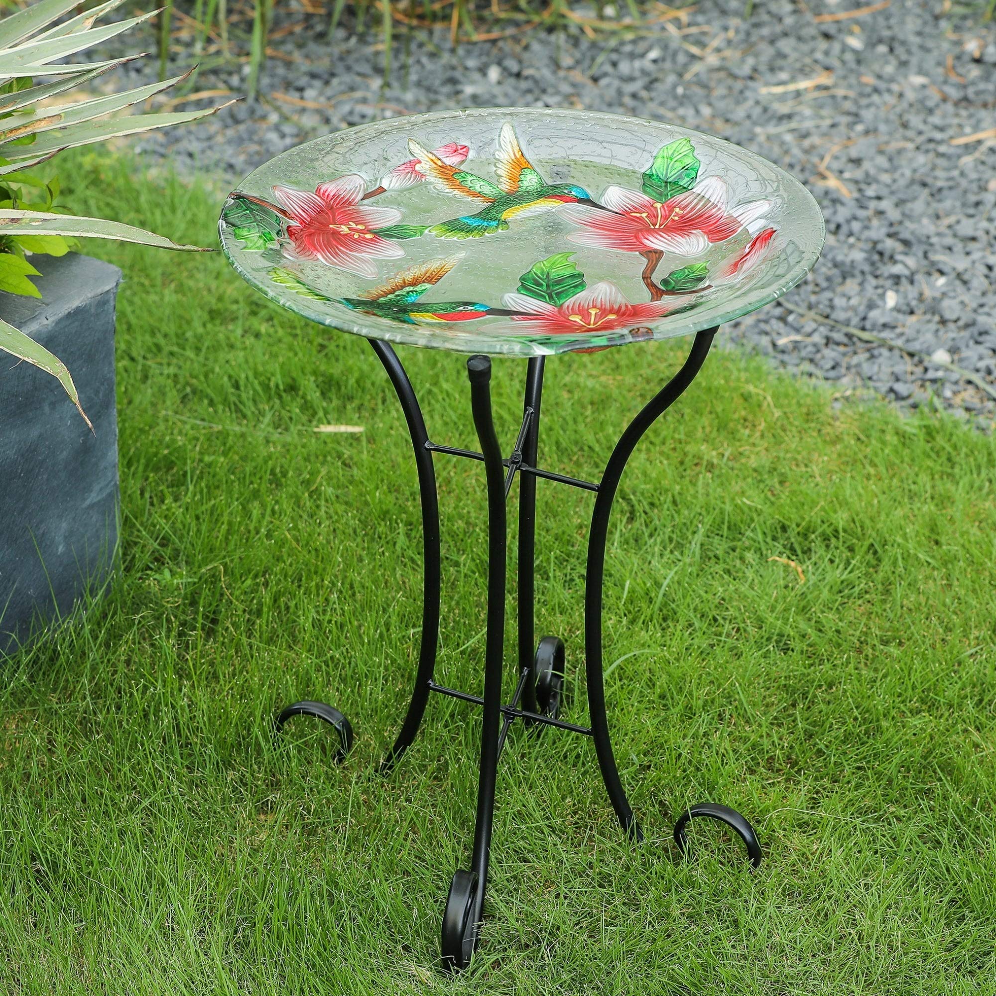 Hummingbird Glass Bird Bath with Metal Stand - Green, Red, White Medium Size for Garden Decor, Outdoor Patio, and Backyard Wildlife Attraction