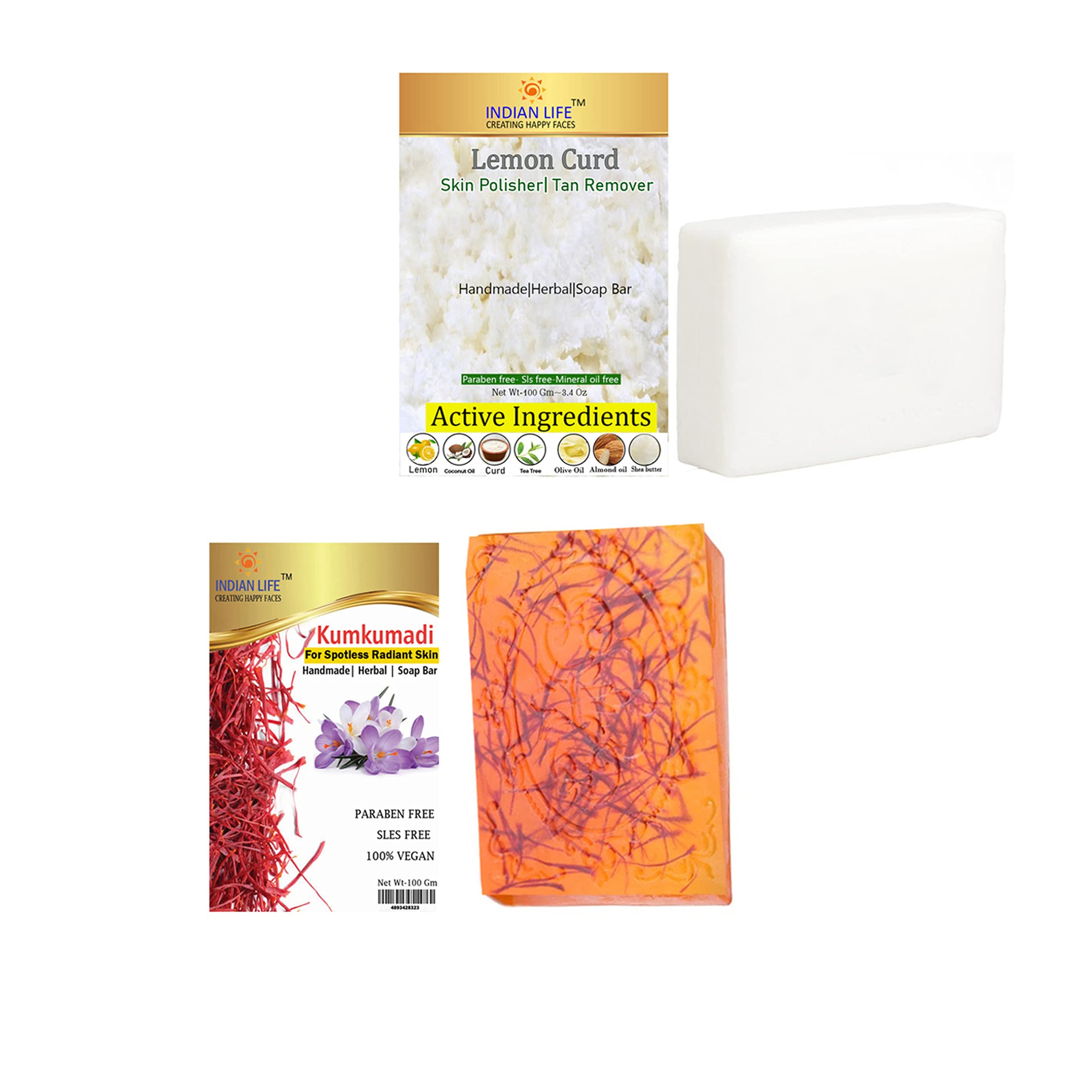 Indianlife Kumkumadi & Lemon Curd Soap with Shea Butter - 100% Vegan, Paraben-Free, SLS-Free, Mineral Oil-Free - 2 Pack (100g Each) for Glowing Skin & Acne Treatment | Perfect for Daily Face & Body Cleansing