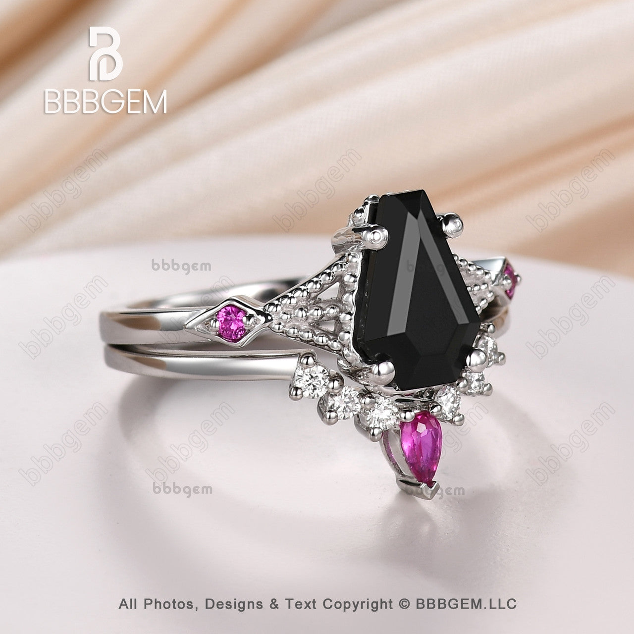 Platinum Black Spinel & Diamond Wedding Ring Set - 9x6mm Coffin Cut Onyx with Lab-Grown Ruby | Elegant Gothic Jewelry for Weddings, Anniversaries & Alternative Fashion