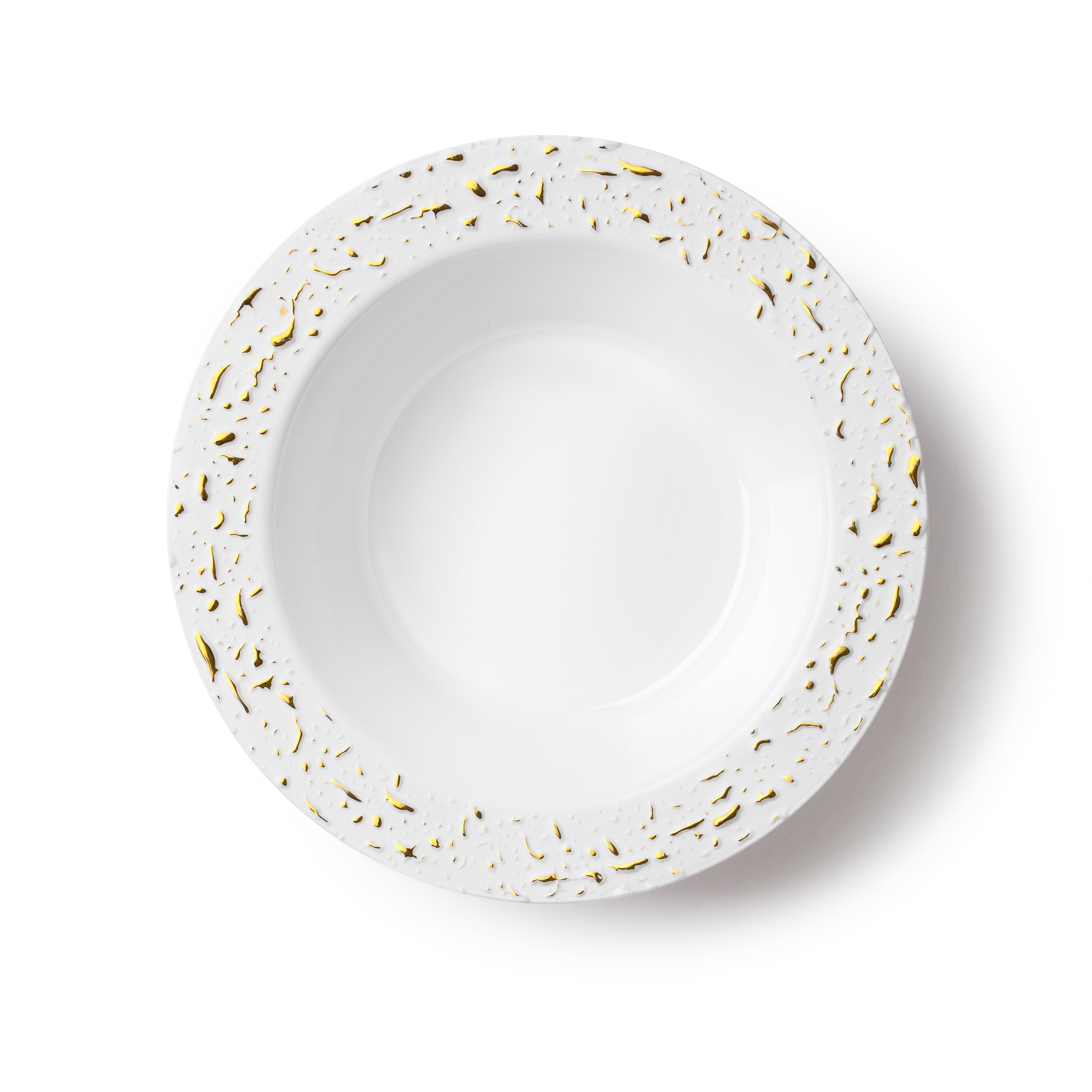 32-Pack White and Gold Round Plastic Soup/Dessert Plates Set for 16 Guests - Elegant Pebbled Design - Perfect for Parties, Weddings, and Holiday Gatherings