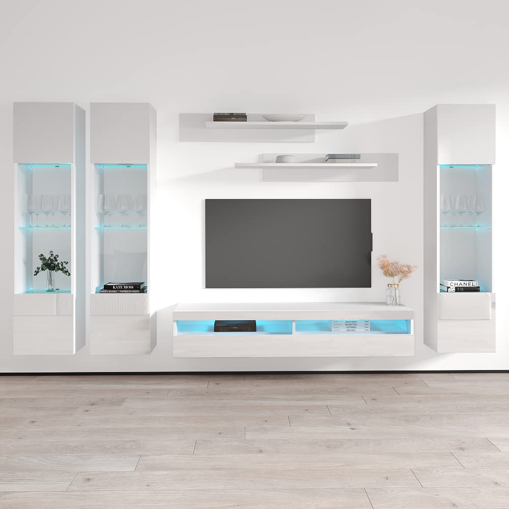 Modern White Wall-Mounted TV Stand with Storage Shelves & LED Lights - Floating Entertainment Center Console for Bedroom & Living Room - Perfect for Small Spaces & Home Theater Setup - Meble Furniture Fly CD3 35TV Stand