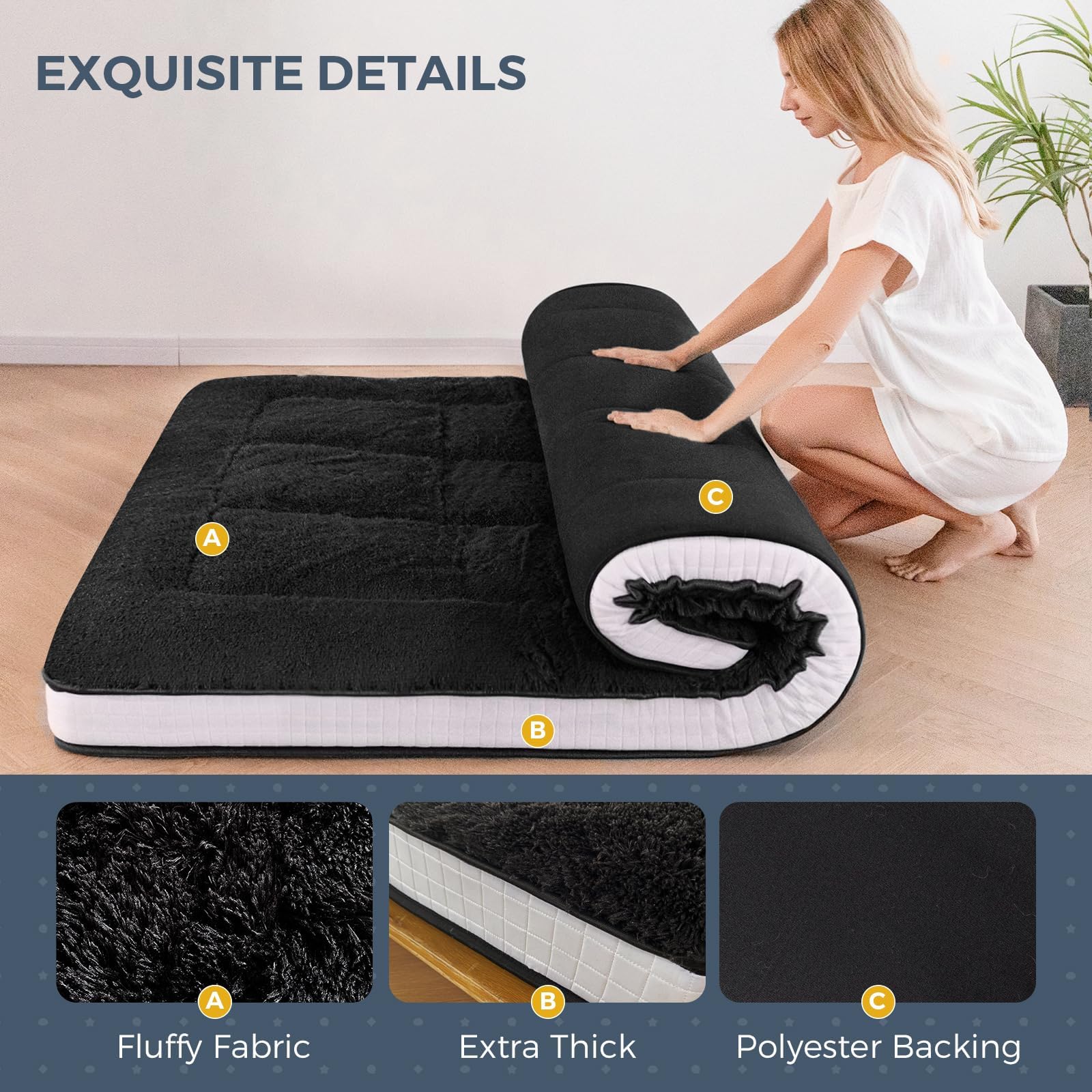 MAXYOYO 6 Inch Extra Thick Fluffy Floor Futon Mattress - Queen Size Plush Japanese Floor Mattress for Adults | Soft Portable Bed for Bedroom, Guest Room, RV & Camping | Machine Washable Black Futon for Cozy Sleeping & Lounging