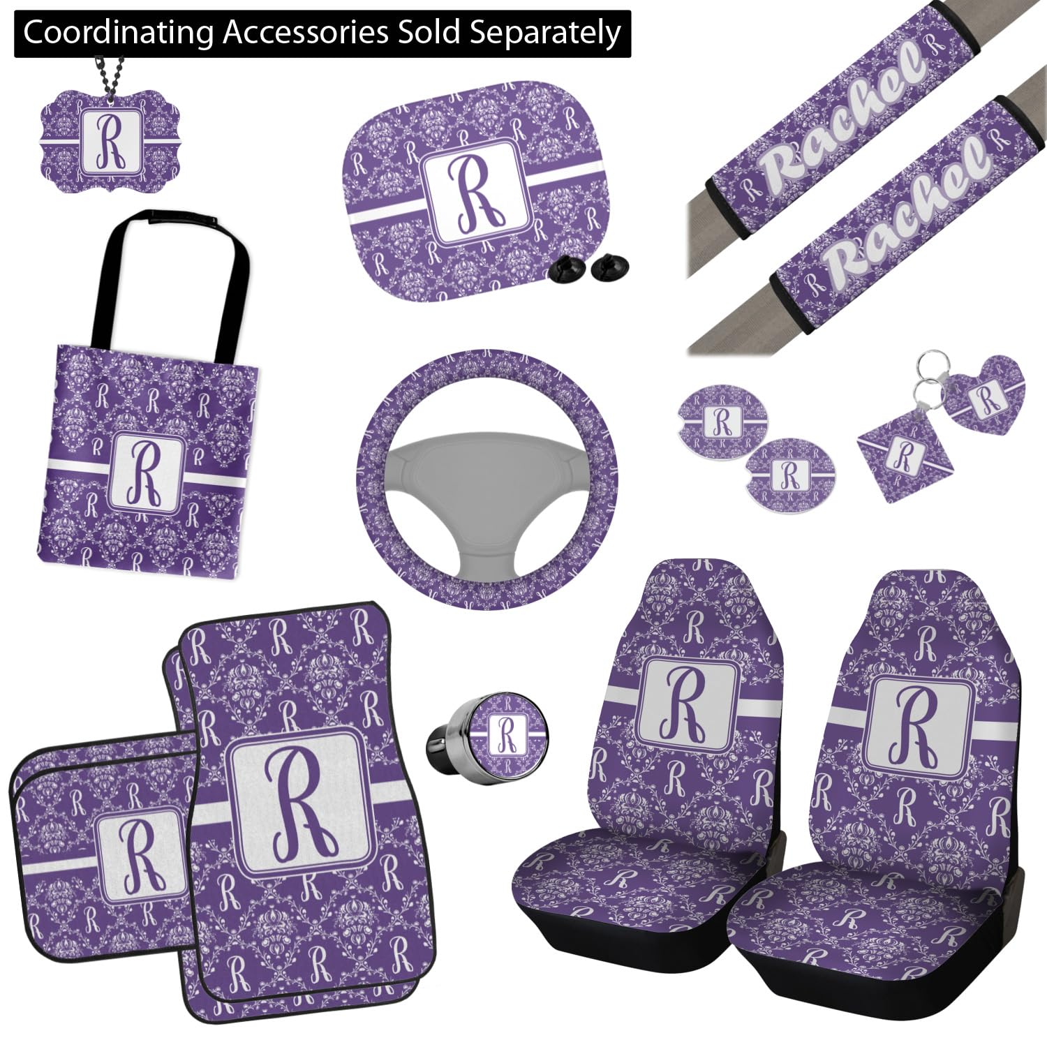 Custom Monogrammed Damask Car Floor Mats Set - 2 Front & 2 Rear Mats for Luxury Vehicles | Perfect for Gifts, Weddings & Premium Car Interiors