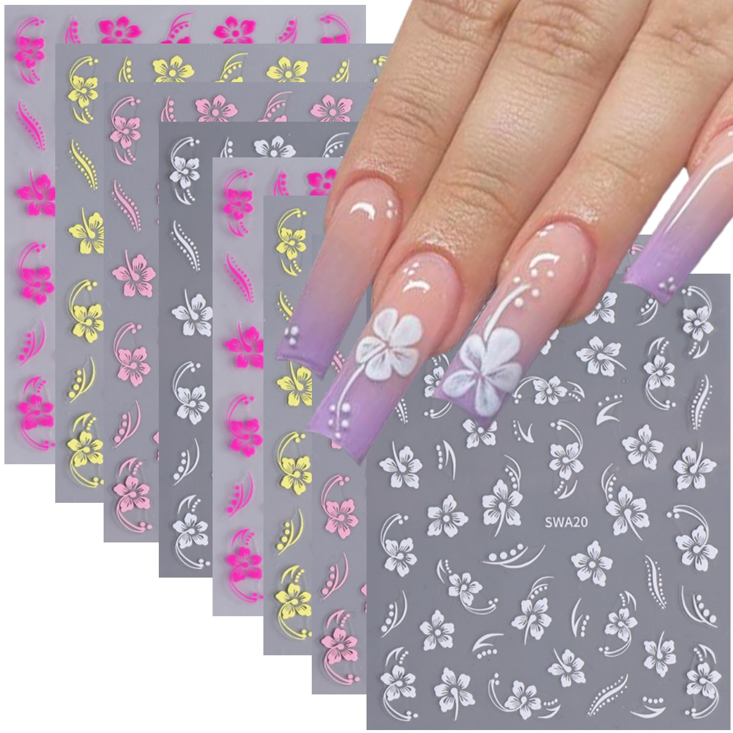 8 Sheets 3D Flower Nail Art Stickers - Self-Adhesive Pink White Gold Floral Nail Decals for DIY Manicure | Cute Nail Supplies for Women & Girls | Perfect for Parties, Weddings, and Everyday Nail Decorations