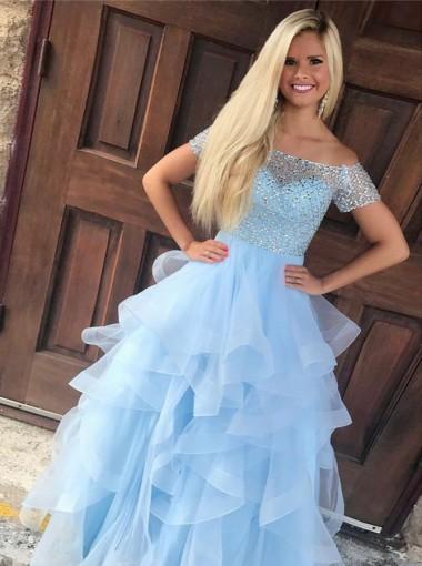 Elegant Off Shoulder Blue Ruffles A-Line Long Evening Prom Dresses for Women - Perfect for Formal Events, Homecoming & Special Occasions