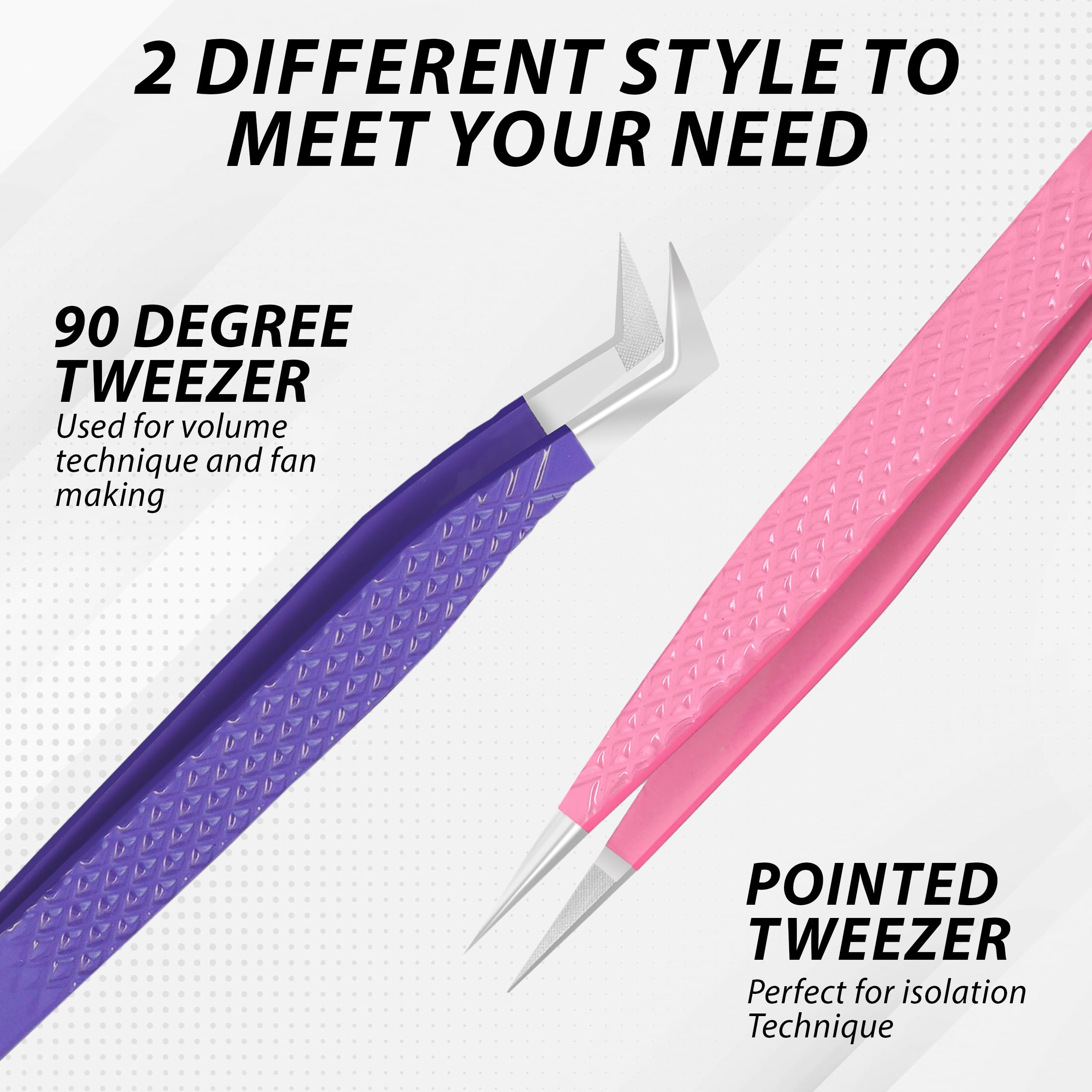 Premium SialBE Diamond Grip Eyelash Extension Tweezers Set - 2PC Stainless Steel Fiber Tip Tweezers (Straight & L-Shape) for Professional & DIY Lash Artists | Perfect for Salon, Home Use & Travel Lash Kits